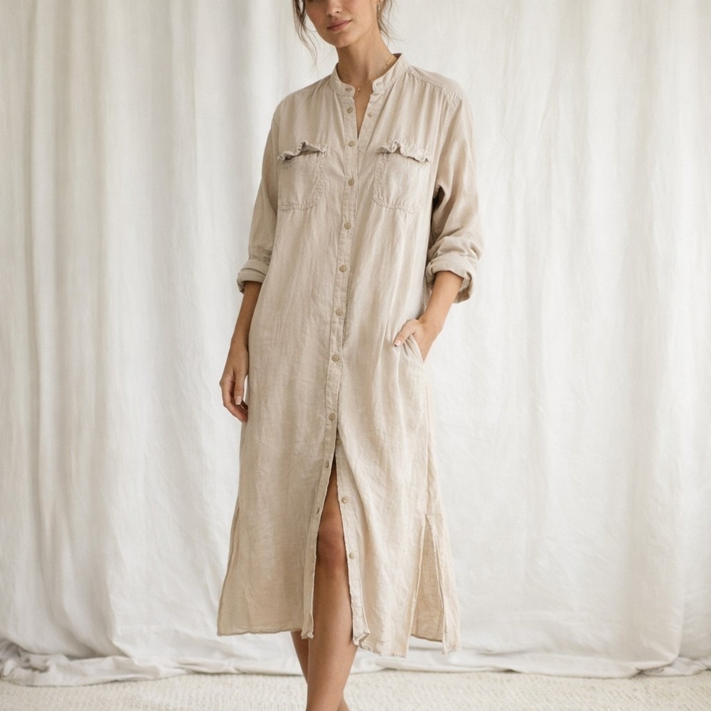 ZARA Shirtdress 100% Linen XS Tan Beige Neutral Midi Button Front Resort Casual - Picture 1 of 7